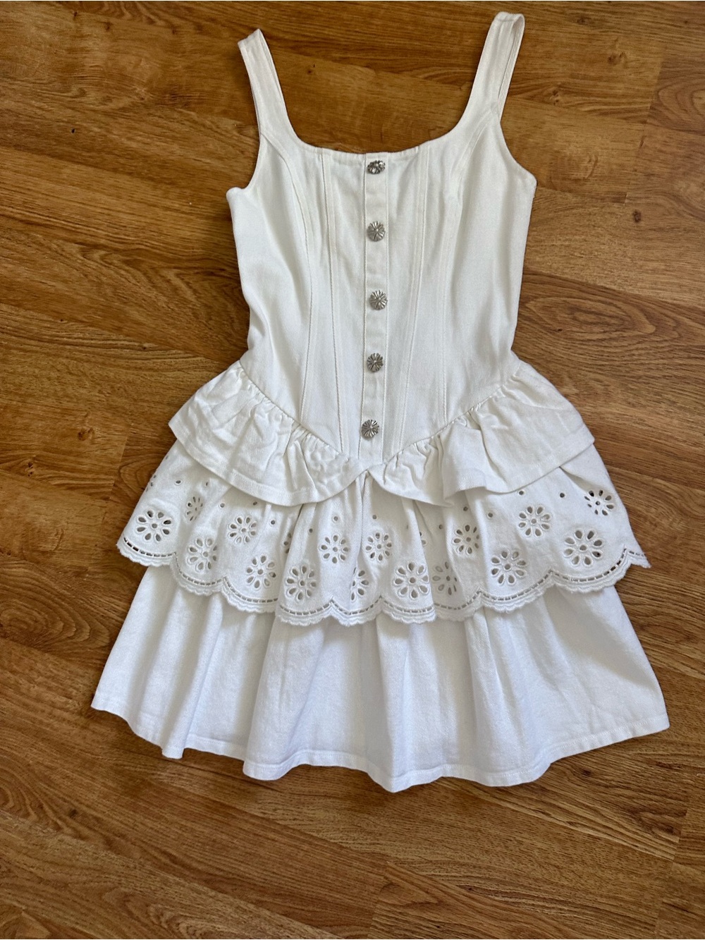 NWOT Jacqui E the Label White Eyelet Tiered Denim Mini Dress XS